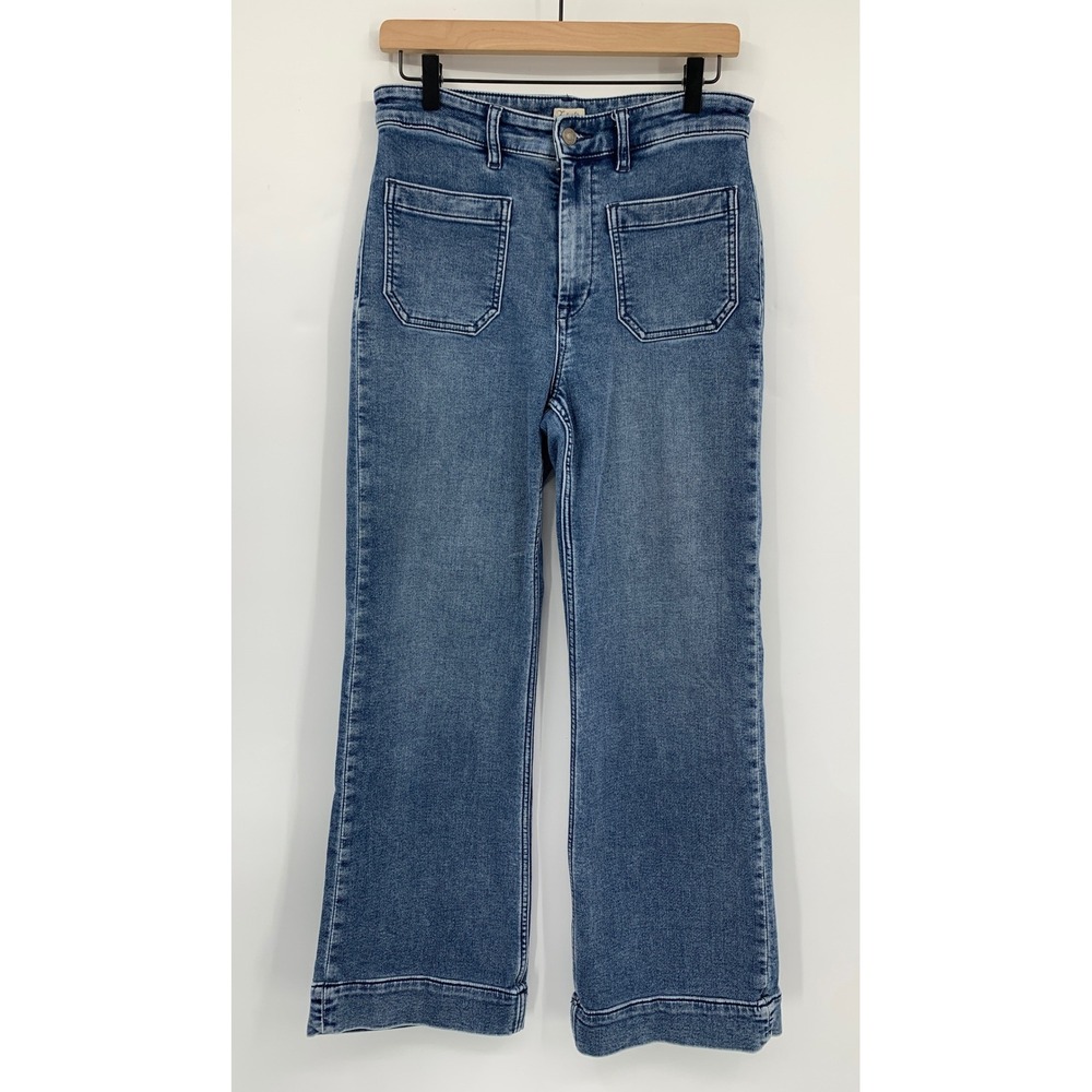 Faherty Jeans Womens 29 Blue Flare Stretch Terry Patch Pocket Denim Pants